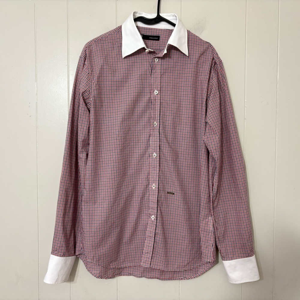 Dsquared2 Men’s Plaid Button-Down Shirt Red White Cotton Size 52